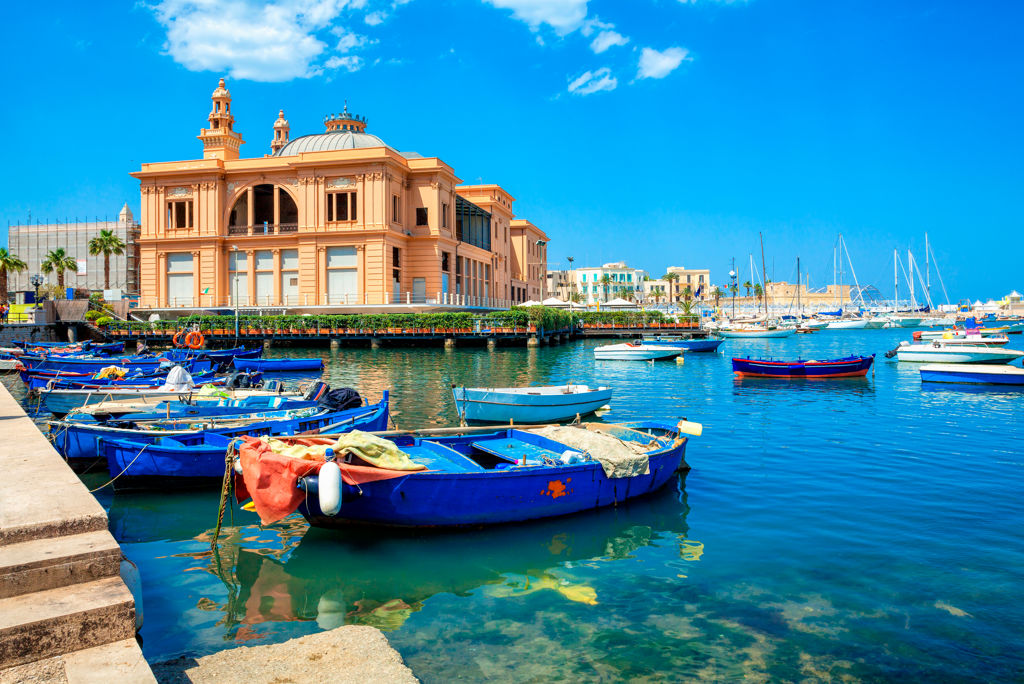 Margherita,Theater,And,Fishing,Boats,In,Old,Harbor,Of,Bari,