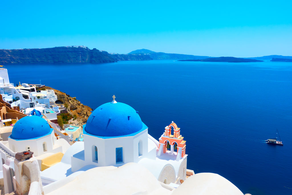 Panoramic,View,With,Greek,Orthodox,Church,With,Blue,Domes,And
