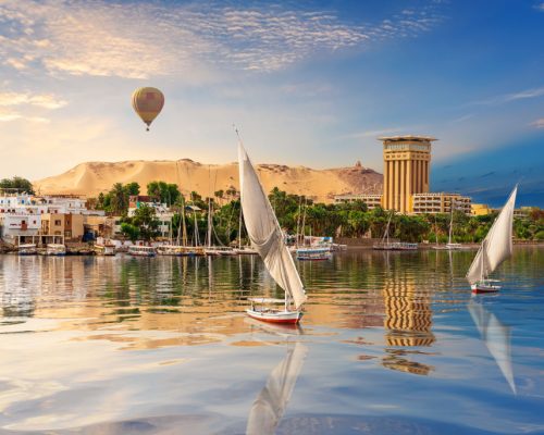 Aswan,River,Scenery,With,Air,Baloons,,Beautiful,Nile,View,,Egypt