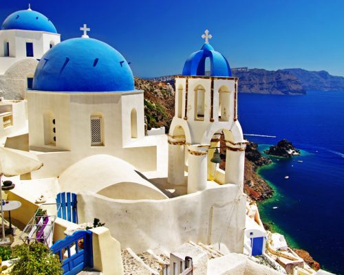White-blue,Santorini,-,View,Of,Caldera,With,Churches