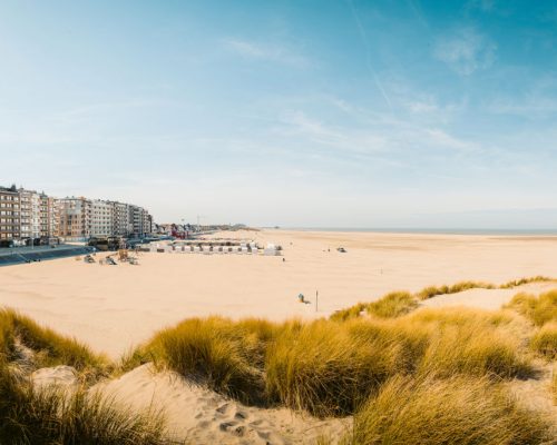 Beautiful,Panoramic,Of,Zeebrugge,Beach,With,Sand,Dunes,And,Hotel