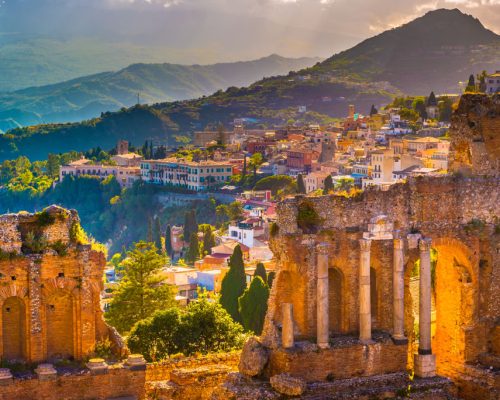 The,Ruins,Of,Taormina,Theater,At,Sunset.,Beautiful,Travel,Photo,