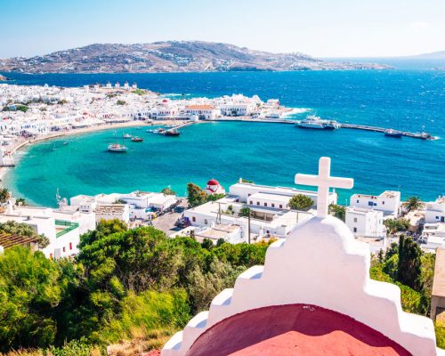Panoramic,View,Of,The,Mykonos,Town,Harbor,From,The,Above