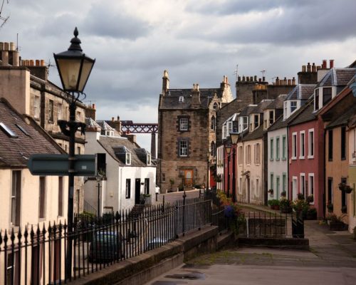 Queensferry,High,Street,,Scotland,With,Colorful,Tenement,Houses.,Firth,Of