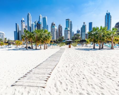 Dubai,Jumeirah,Beach,With,Marina,Skyscrapers,In,Uae.,Popular,Public