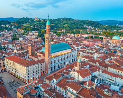 Sunrise,Aerial,View,Of,Basilica,Palladiana,At,The,Piazza,Dei