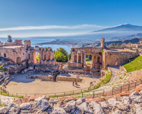 Ruins,Of,The,Ancient,Greek,Theater,In,Taormina,,Sicily,With