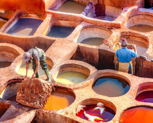 Leather,Dying,In,A,Traditional,Tannery,In,The,City,Fes,