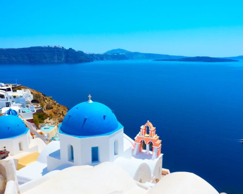 Panoramic,View,With,Greek,Orthodox,Church,With,Blue,Domes,And