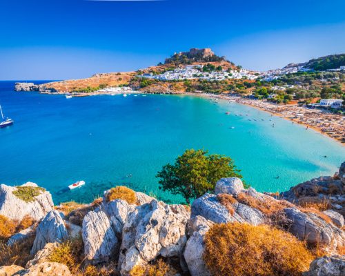 Rhodes,,Greece.,Lindos,Small,Whitewashed,Village,And,The,Acropolis,,Scenery