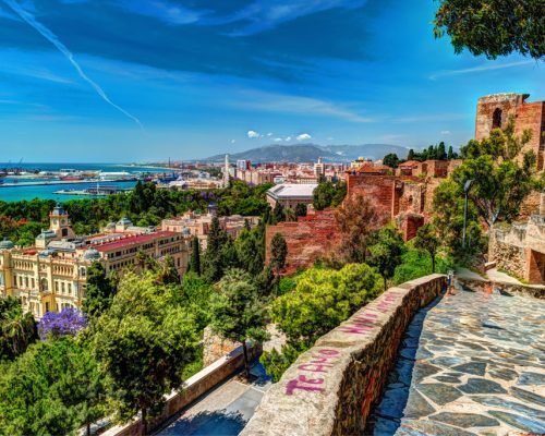 Aerial,View,Of,Malaga,Taken,From,Gibralfaro,Castle,Including,Port