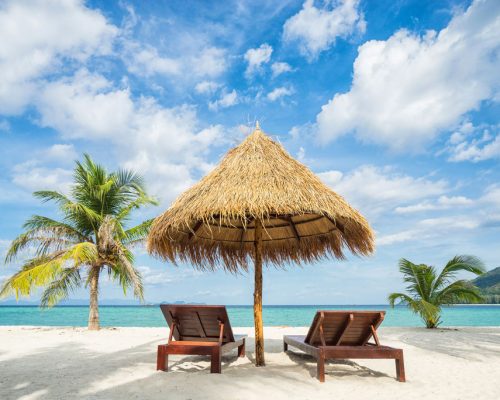 Vacation,In,Tropical,Countries.,Beach,Chairs,,Umbrella,And,Palms,On