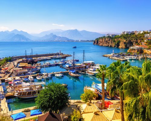 Panoramic,View,Of,Antalya,Old,Town,Port,,Taurus,Mountains,And